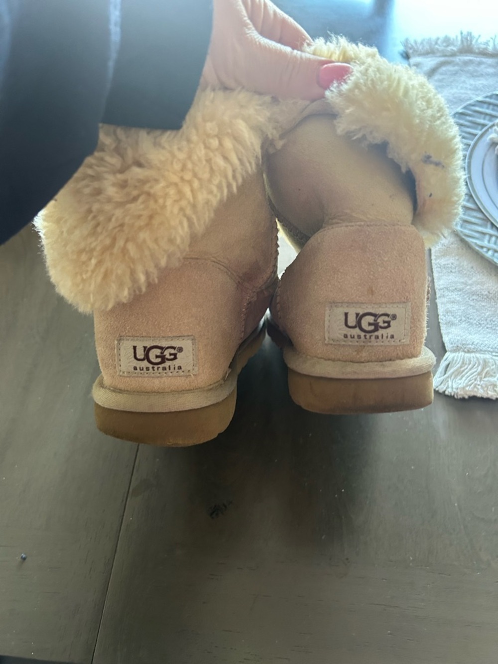 UGG Short Suede Slipper Boots in Tan with Shearling Cuff - Picture 3 of 8